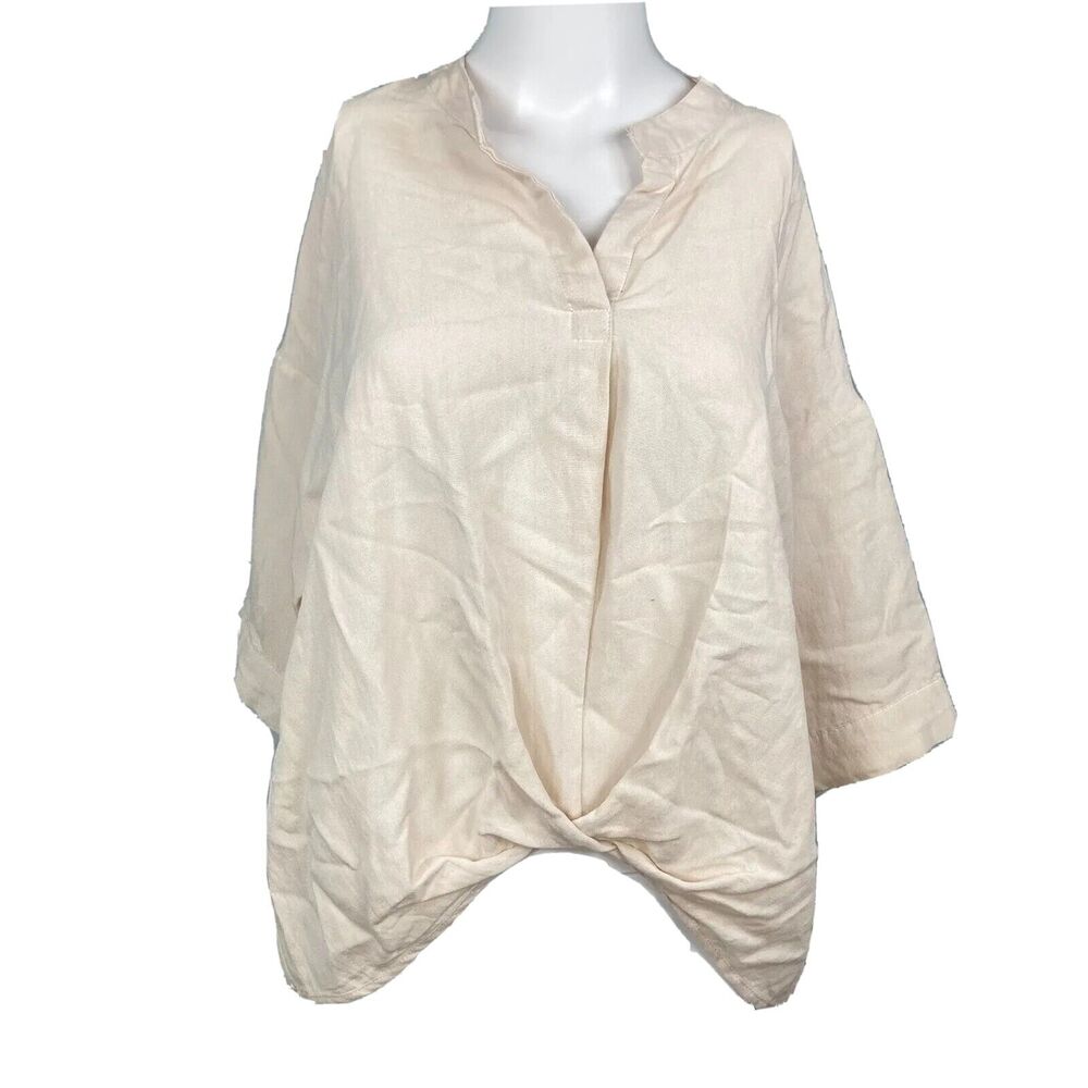 Karlie Shirt Womens Sz‎ L Beige Nude Twist Front Top High Low Woven Cotton